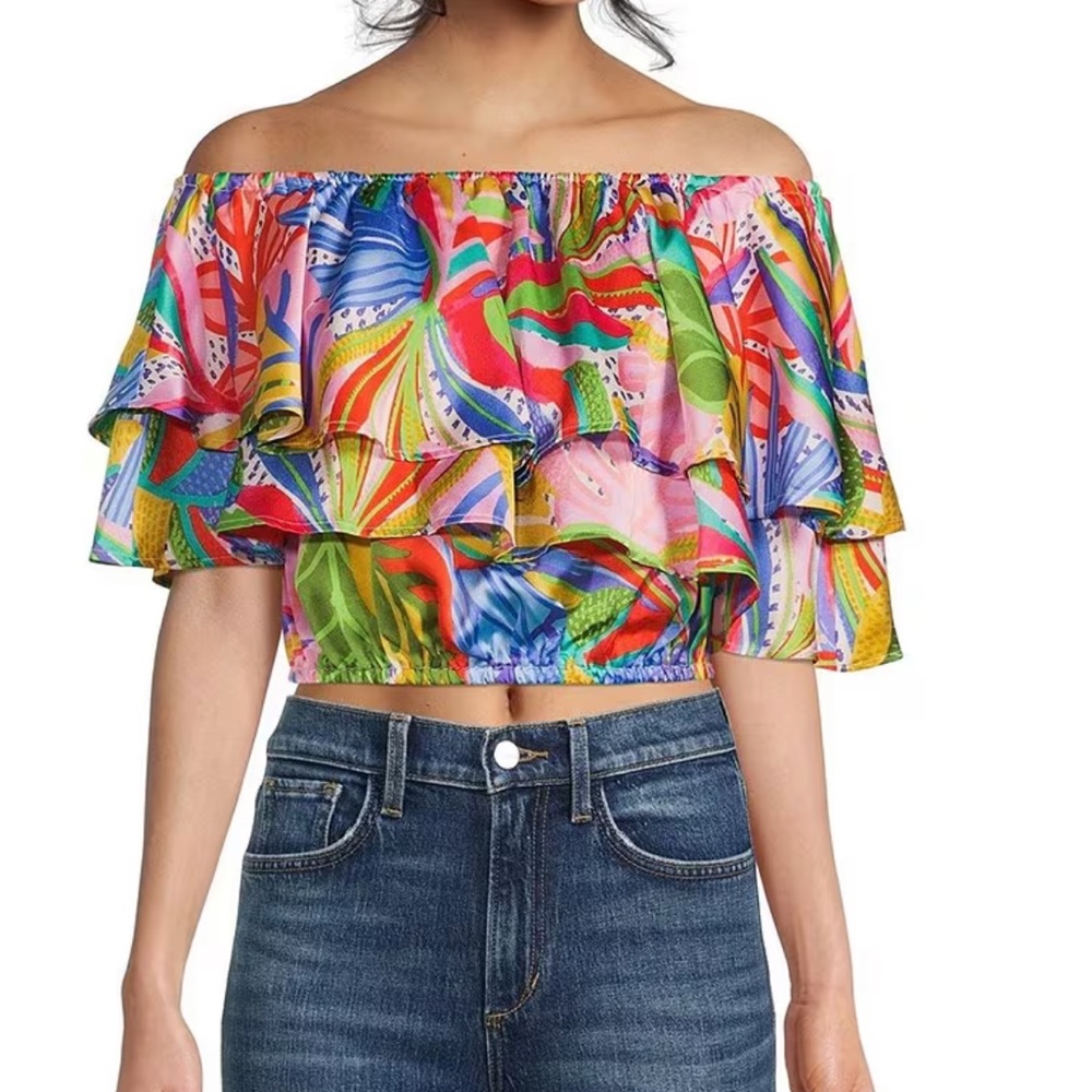 New Guinea Matte Satin Tropical Print Off-The-Shoulder Ruffle Detail Crop Top